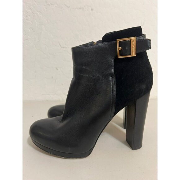 Michael Michael Kors Stacked Heel Bootie Gold Zipper Leather Suede Mix Sz 8.5 - Picture 1 of 11